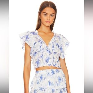 loveshackfancy Nora floral crop blouse top in blue motif